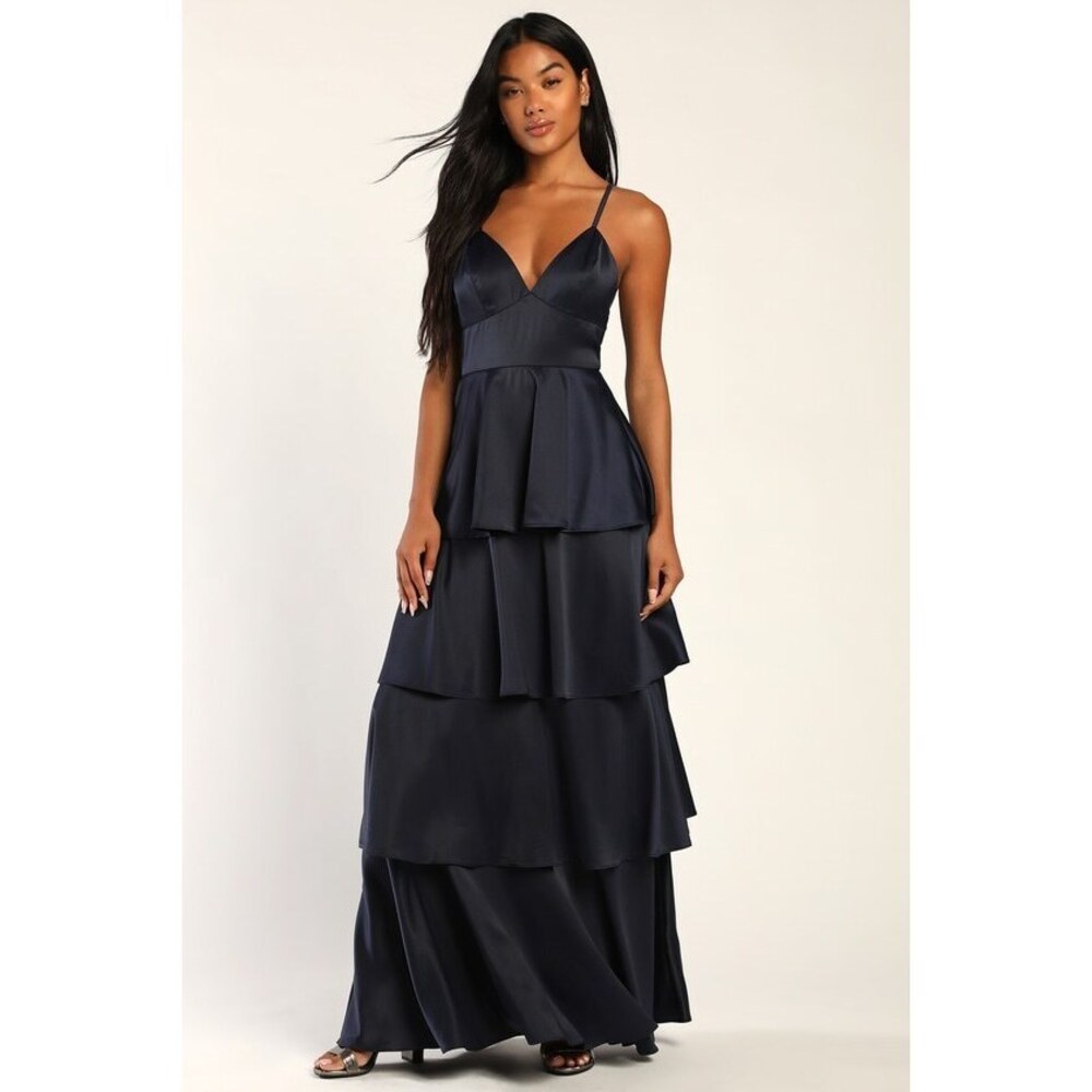 Lulus Going With Elegance Navy Blue Satin Tiered Maxi Dress - Size XS